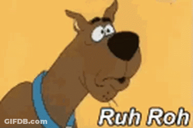 Scooby Doo Is A Cartoon Dog With A Blue Collar And The Words `` Ruh Roh '' Below Him . GIF