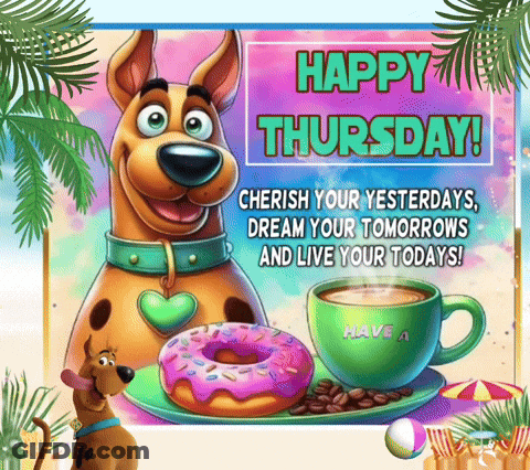 Scooby Doo Is Holding A Donut And A Cup Of Coffee On A Happy Thursday Greeting Card GIF