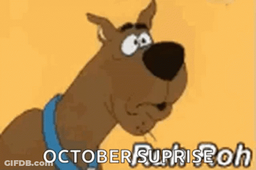 Scooby Doo Is Looking At The Camera With The Words `` October Sunrise Oh '' Written Below Him . GIF