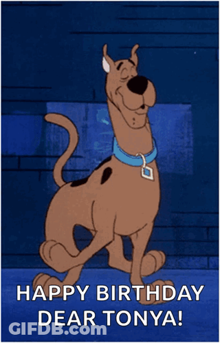 Scooby Doo Walking In Front Of Blue Wall Saying Happy Birthday Dear Tonya GIF