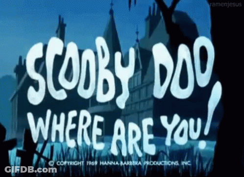 Scooby Doo Where Are You Is Written On A Blue Background GIF