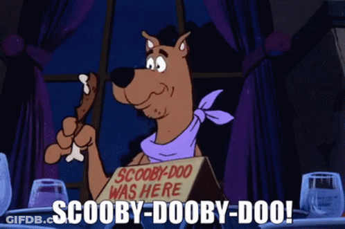 Scooby Doo With Bone And Scooby-Doo-Was-Here Sign GIF