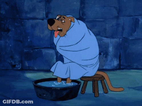 Scooby Doo Wrapped In Blue Towel On Stool GIF