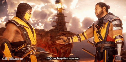 Scorpion And Sub Zero Are Standing Next To Each Other In A Video Game And Scorpion Says Help Me Keep That Promise . GIF