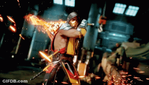Scorpion From Mortal Kombat Is Holding A Sword In His Hand GIF