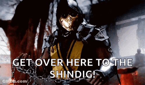 Scorpion From Mortal Kombat Is Holding Chains And Says Get Over Here To The Shindig GIF
