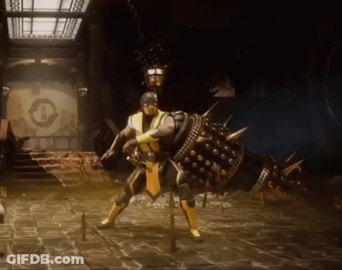 Scorpion From Mortal Kombat Is Standing On A Brick Floor GIF