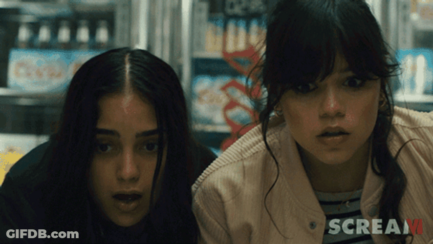 Scream 6 Jenna Ortega Melissa Barrera Hiding GIF
