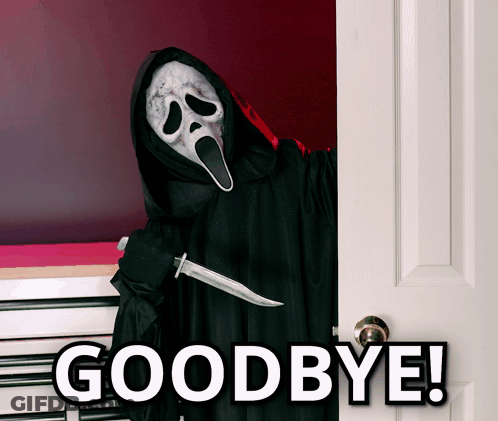 Scream Mask Holding Knife At Door Saying Goodbye GIF