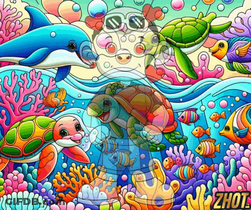 Sea Turtles Dolphins And Fish Painting With Zhout GIF
