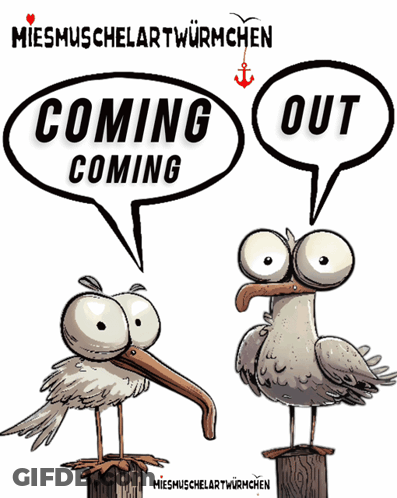Seagulls With Speech Bubbles Saying Coming And Out GIF