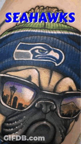 Seahawks Tattoo Pug Wearing Sunglasses And Hat GIF
