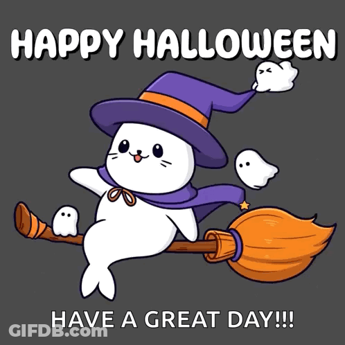 Seal In Witch Hat Flying On Broom With Ghosts GIF