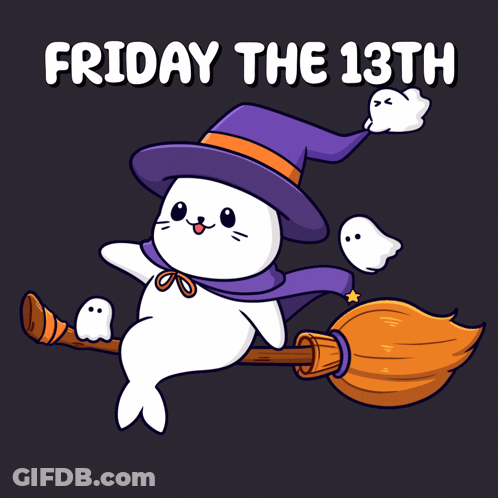 Seal In Witch Hat Flying On Broom With Ghosts GIF