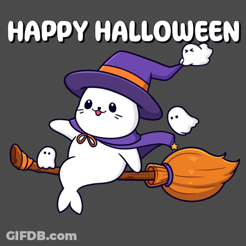 Seal In Witch Hat Flying On Broom With Ghosts GIF