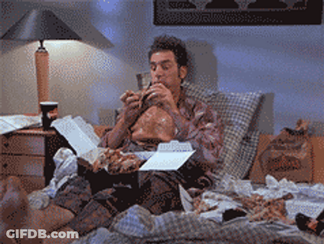 Seinfeld Kramer Giddy Up Eating In Bed GIF