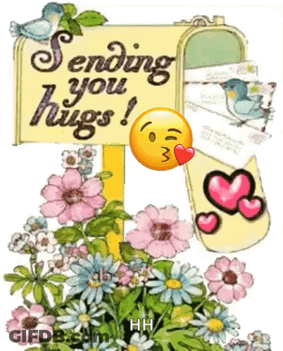 Sending You Hugs Sign Next To Flowers GIF