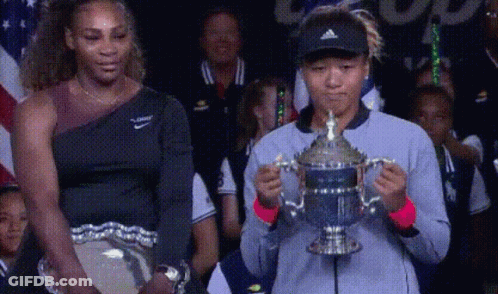 Serena Williams And Naomi Osaka Holding Trophy GIF
