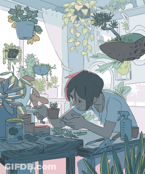 Serious Girl Appreciating Plant GIF