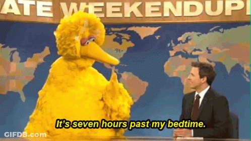 Sesame Street Big Bird Is Talking To A Man On A Newscast And Says It 'S Seven Hours Past My Bedtime GIF