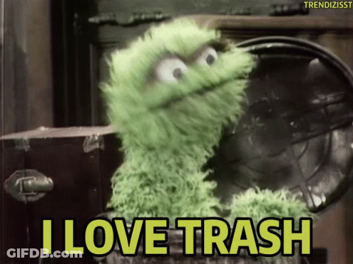 Sesame Street Character Says I Love Trash In Yellow Letters GIF