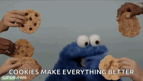 Sesame Street Cookie Monster Surrounded By People Holding Cookies And The Words Cookies Make Everything Better GIF