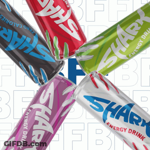 Several Cans Of Shark Energy Drink Are Laying On Top Of Each Other GIF