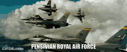 Several Fighter Jets Flying In Formation With Words Pensivian Royal Air Force GIF
