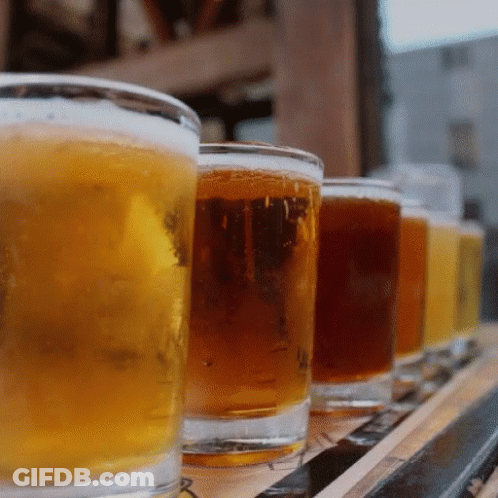 Several Glasses Of Beer Are Lined Up On A Shelf GIF