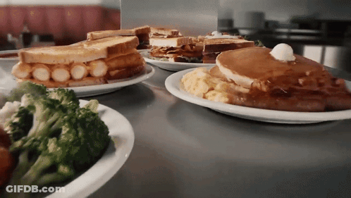 Several Plates Of Broccoli Pancakes And Sandwiches GIF