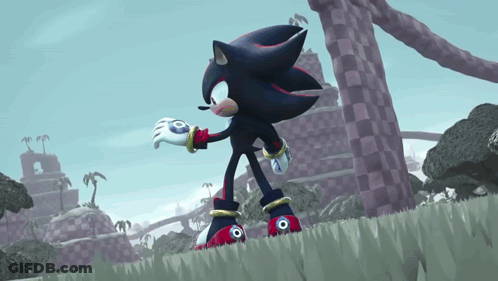 Shadow The Hedgehog Standing In Grass With Checkered Field GIF