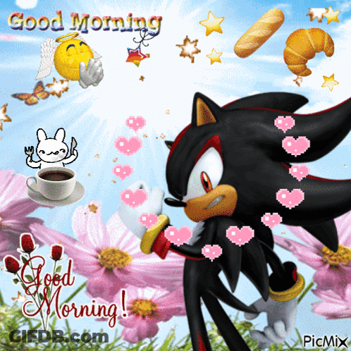 Shadow The Hedgehog Surrounded By Hearts Saying Good Morning GIF