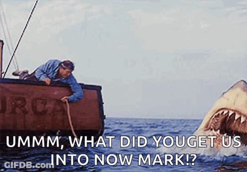 Shark Attacking Man On Boat Saying Ummm What Did You Get Us Into Now Mark GIF