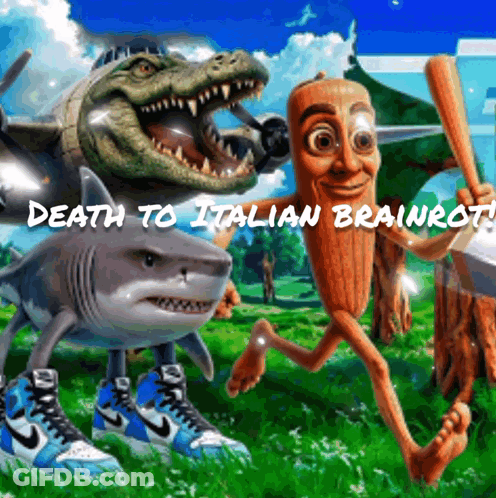 Shark, Crocodile, And Pickle Saying Death To Italian Brainrot GIF