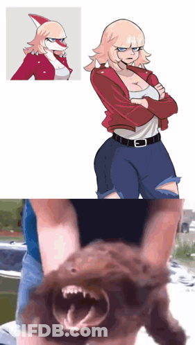 Shark-Headed Girl Next To Person Holding Dog GIF