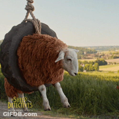 Sheep Detectives Poster Sheep Hanging From Tire Swing GIF