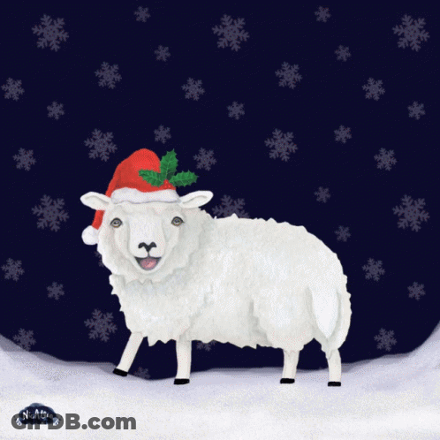 Sheep In Santa Hat With Snowflakes GIF