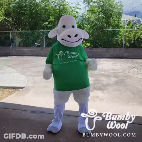 Sheep Mascot In Green Shirt Saying Bumby Wool GIF