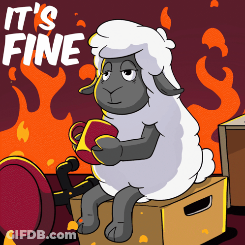 Sheep Sitting On Box Saying It's Fine GIF