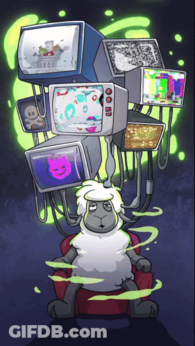 Sheep Surrounded By Televisions With Skull GIF