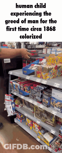 Shelf Full Of Toys Human Child Experiencing The Greed Of Man For The First Time Circa 1868 GIF