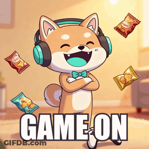 Shiba Inu Headphones Bow Tie Surrounded Chips Game On GIF