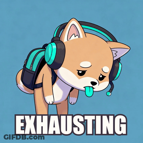 Shiba Inu Wearing Headphones And Backpack Saying Exhausting GIF