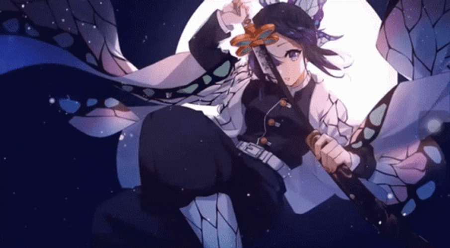 Shinobu Kocho Drawing Katana With Moon Background GIF