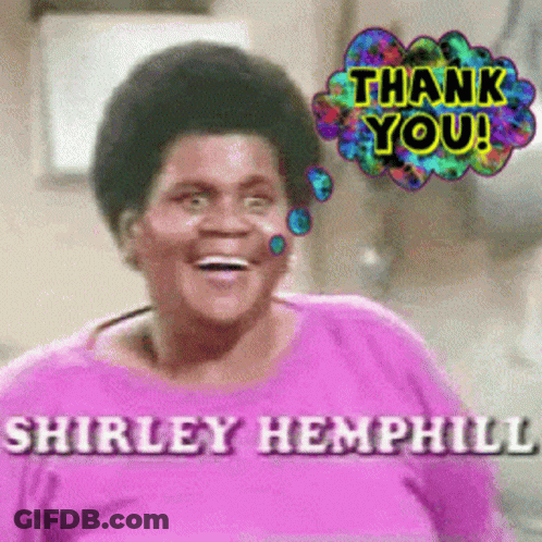 Shirley Hemphill Smiling With Thank You Speech Bubble GIF