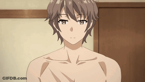 Shirtless Anime Character By Wooden Door GIF