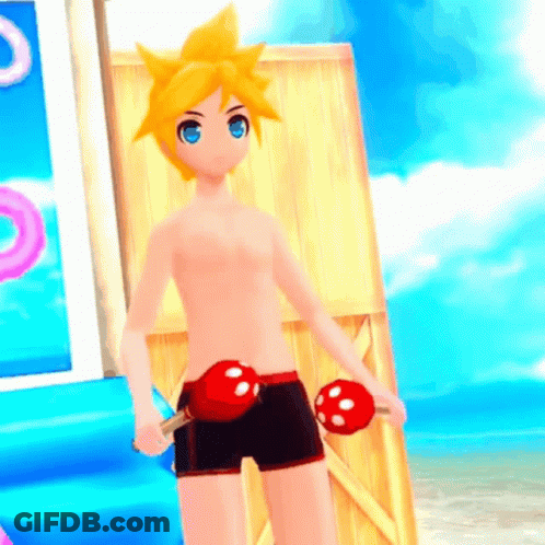 Shirtless Anime Character Holding Two Red Maracas GIF