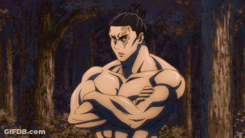 Shirtless Anime Character With Crossed Arms And Bun GIF