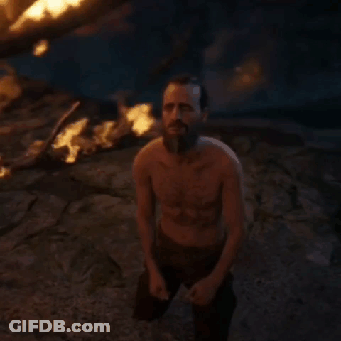 Shirtless Bearded Man Holding Sword At Fire GIF