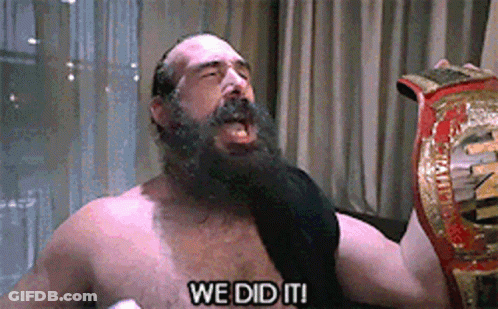Shirtless Bearded Man Holding Wrestling Belt Saying We Did It GIF
